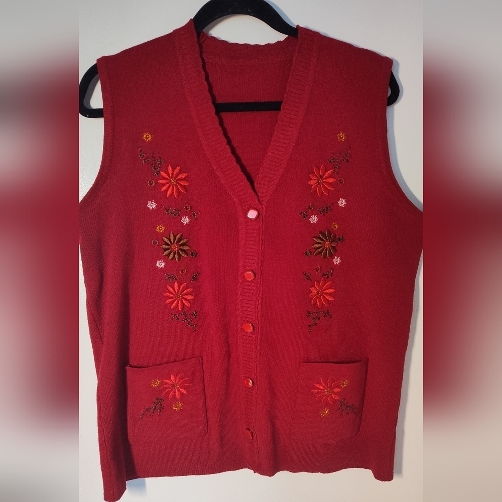 Embroidered Red Women's Sweater Vest Size XL #501